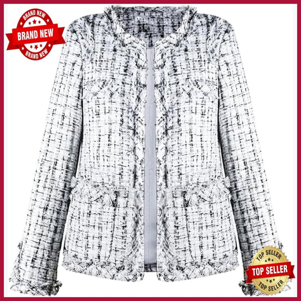 Women's Tweed Blazer Collarless Open Front Business Casual Jacket